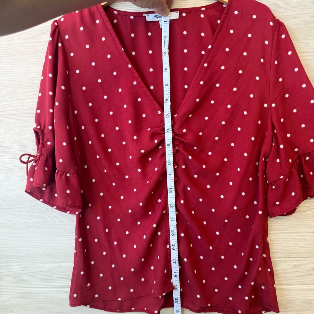Madewell Red Polka Dot Blouse |Button Front Tie Sleeve Size 0 - Picture 7 of 9